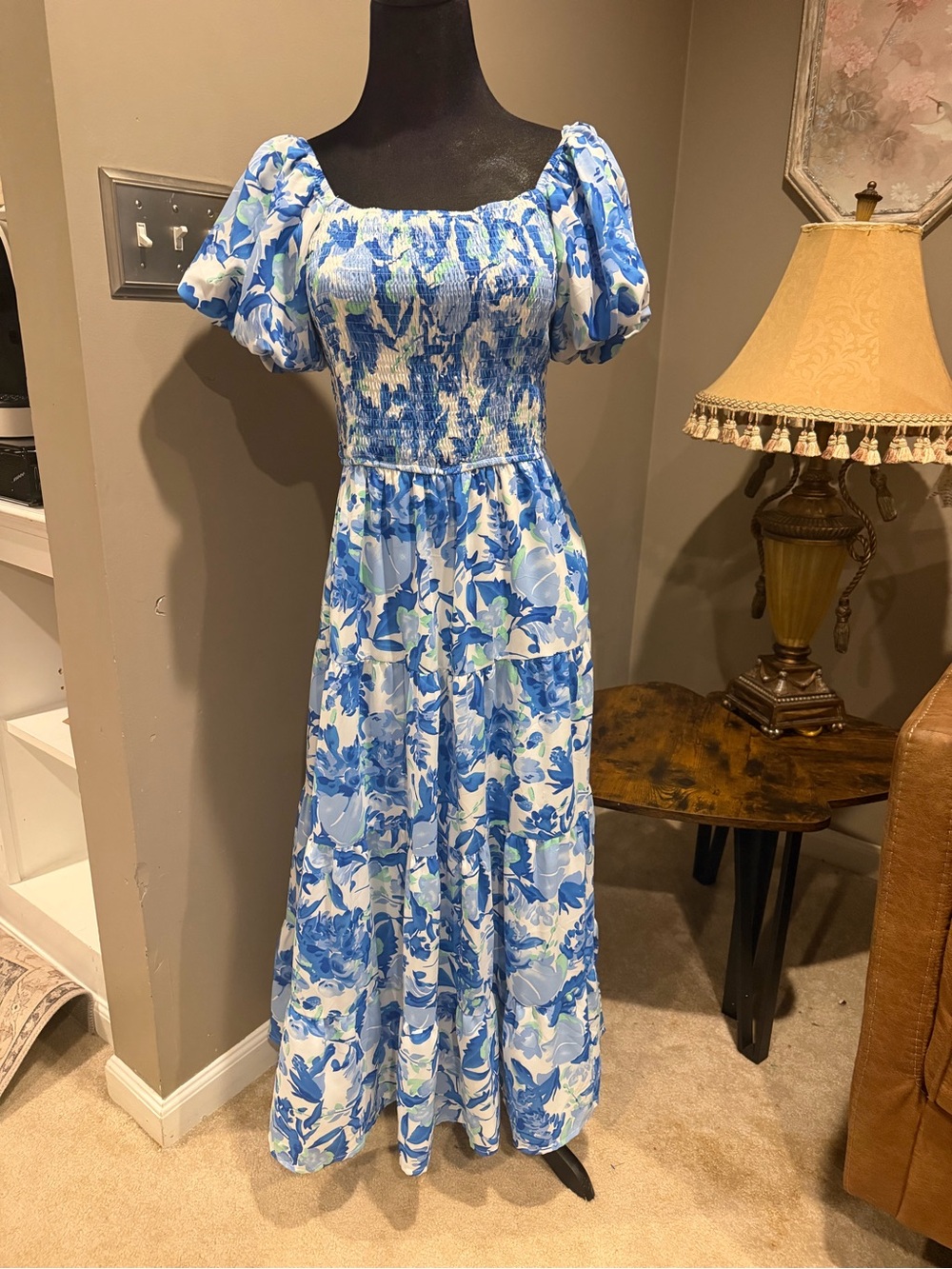 Blue Floral Puff-Sleeve Maxi Dress with Smocked Bodice